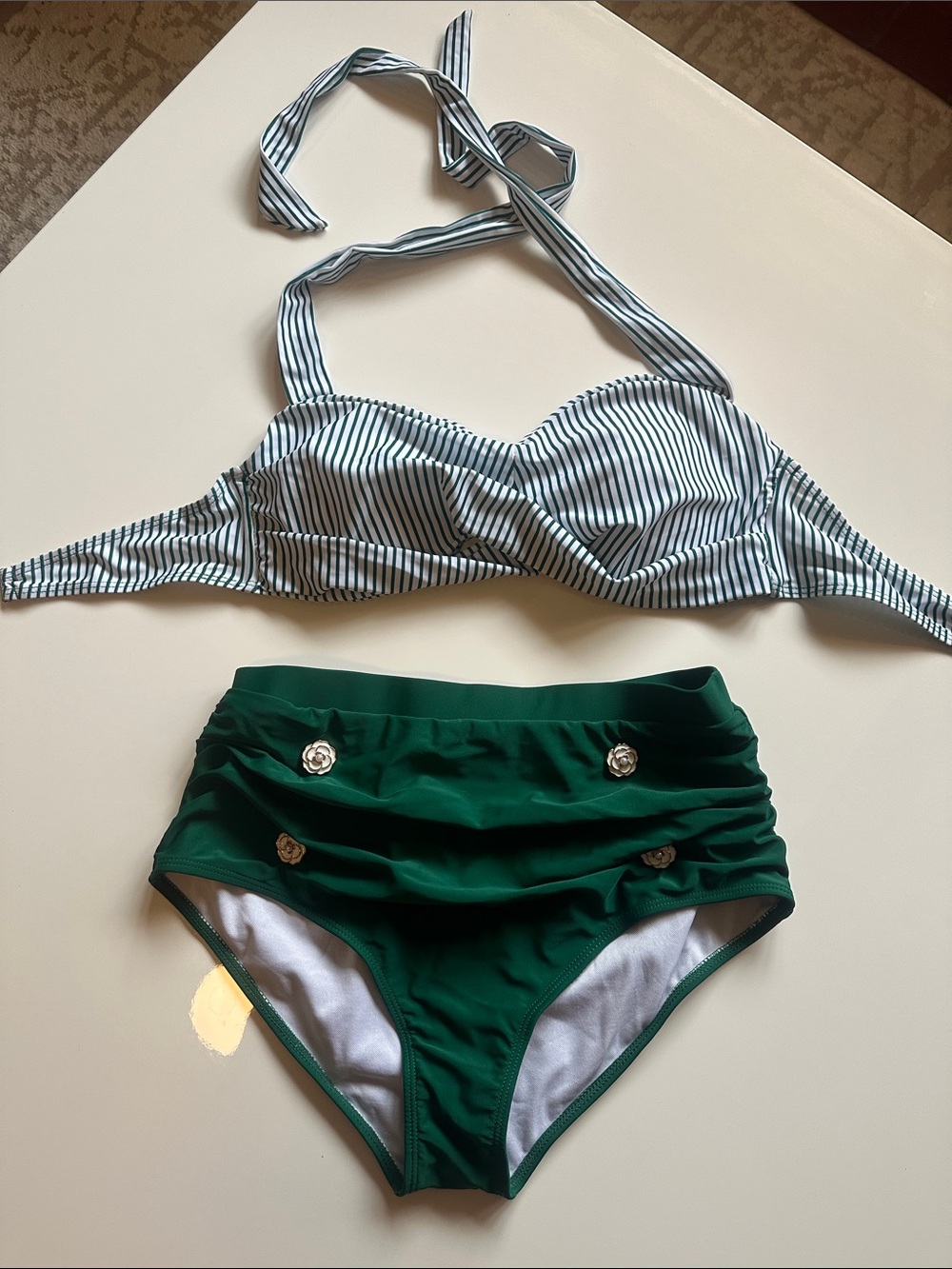 NWOT Green Striped Halter High-Waist Bikini Set - Picture 2 of 2